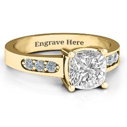 Cushion Cut Solitaire with Accents Ring in 10K Solid Yellow Gold with White Premium Zirconia and Cubic Zirconia