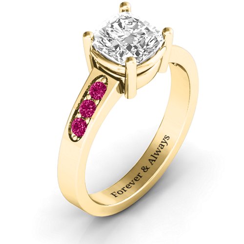 Cushion Cut Solitaire with Accents Ring – 10K Yellow Gold with White Premium Zirconia and Ruby