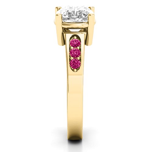 Cushion Cut Solitaire with Accents Ring – 10K Yellow Gold with White Premium Zirconia and Ruby
