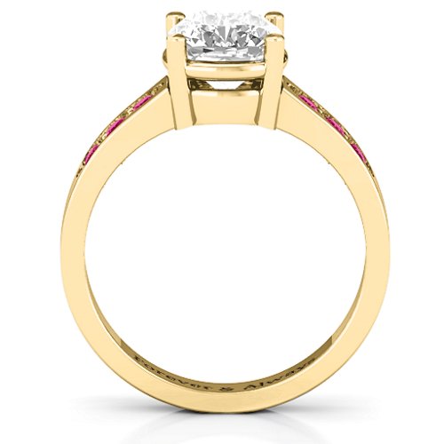 Cushion Cut Solitaire with Accents Ring – 10K Yellow Gold with White Premium Zirconia and Ruby