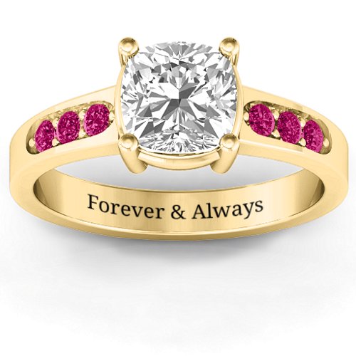 Cushion Cut Solitaire with Accents Ring – 10K Yellow Gold with White Premium Zirconia and Ruby