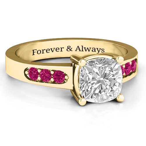 Cushion Cut Solitaire with Accents Ring – 10K Yellow Gold with White Premium Zirconia and Ruby