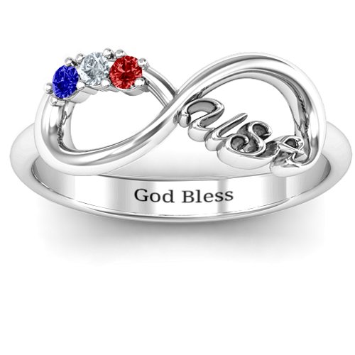 USA Infinity Ring – 10K White Gold with Garnet, Cubic Zirconia, and Blue Sapphire