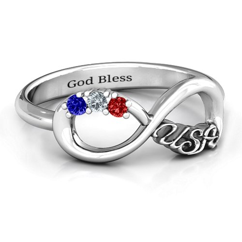 USA Infinity Ring – 10K White Gold with Garnet, Cubic Zirconia, and Blue Sapphire
