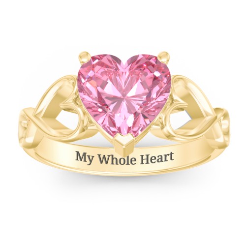 Heart Shaped Stone with Interwoven Heart Infinity Band Ring – 10K Yellow Gold with Fancy Pink Premium Zirconia