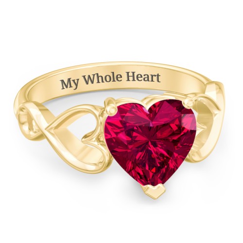 Heart Shaped Stone with Interwoven Heart Infinity Band Ring – 10K Yellow Gold with Red Premium Zirconia