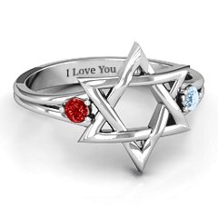Classic Star of David Ring – 10K White Gold with Garnet and Aquamarine