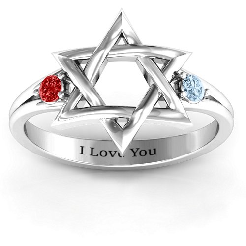 Classic Star of David Ring – 10K White Gold with Garnet and Aquamarine
