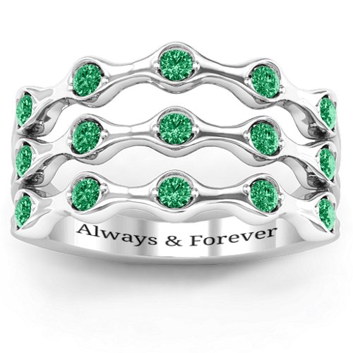 Alternating Stone Fashion Wave Ring – Sterling Silver with Emerald