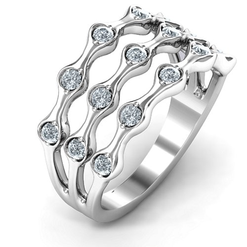 15 Stone Family Wave Ring – 10K White Gold with Cubic Zirconia