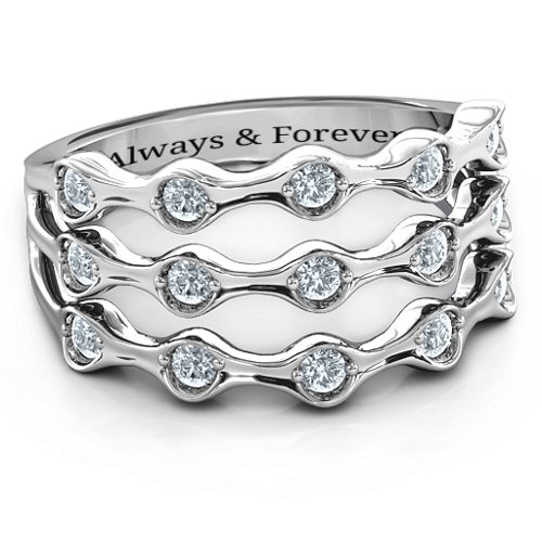 15 Stone Family Wave Ring – 10K White Gold with Cubic Zirconia