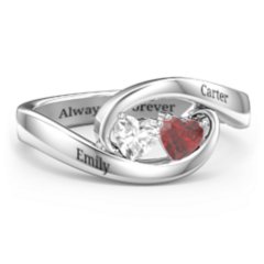 Engravable Double Heart Gemstone Wave Ring