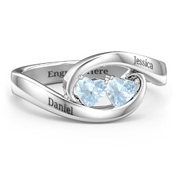 Engravable Double Heart Gemstone Wave Ring