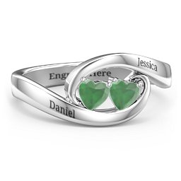 Engravable Double Heart Gemstone Wave Ring