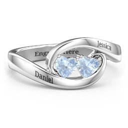 Engravable Double Heart Gemstone Wave Ring