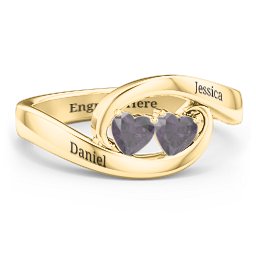 Engravable Double Heart Gemstone Wave Ring