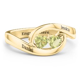 Engravable Double Heart Gemstone Wave Ring in 18K Gold Plated Silver