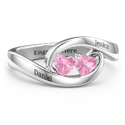 Engravable Double Heart Gemstone Wave Ring