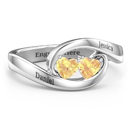 Engravable Double Heart Gemstone Wave Ring