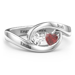 Engravable Double Heart Gemstone Wave Ring