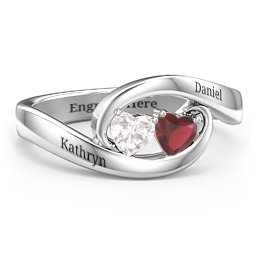 Engravable Double Heart Gemstone Wave Ring in 10K Solid White Gold with Cubic Zirconia and Garnet
