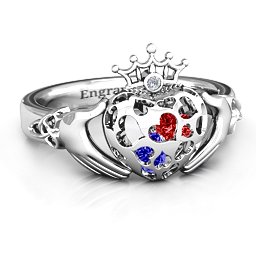 Caged Hearts Claddagh Ring in 10K Solid White Gold with Blue Sapphire, Garnet, and Ruby