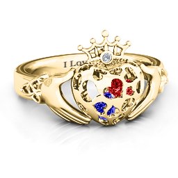 Caged Hearts Claddagh Ring in 10K Solid Yellow Gold with Blue Sapphire, Garnet, and Ruby