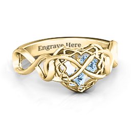 My Infinite Love Caged Hearts Ring in 10K Solid Yellow Gold with Aquamarine