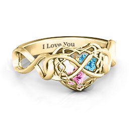 My Infinite Love Caged Hearts Ring in 10K Solid Yellow Gold with Pink Tourmaline and Blue Topaz