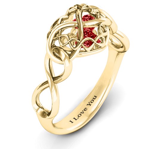 My Infinite Love Caged Hearts Ring – 10K Yellow Gold with Garnet