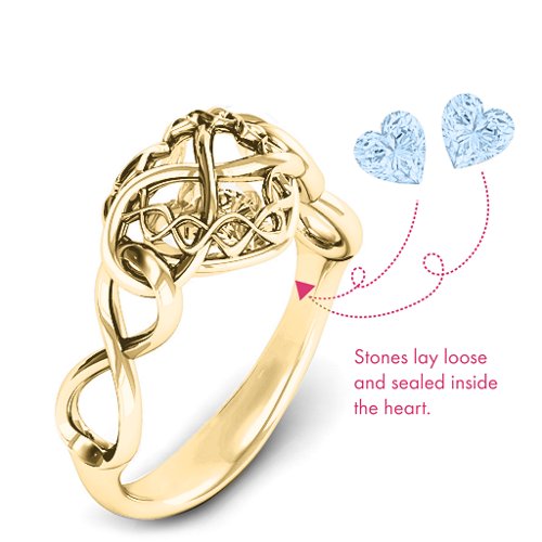 My Infinite Love Caged Hearts Ring – 10K Yellow Gold with Aquamarine