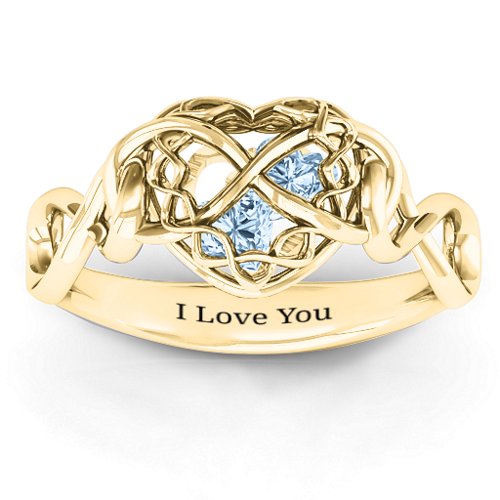 My Infinite Love Caged Hearts Ring – 10K Yellow Gold with Aquamarine
