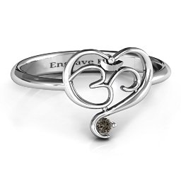 Spiritual Heart Om Ring in 925 Sterling Silver with Smokey Quartz