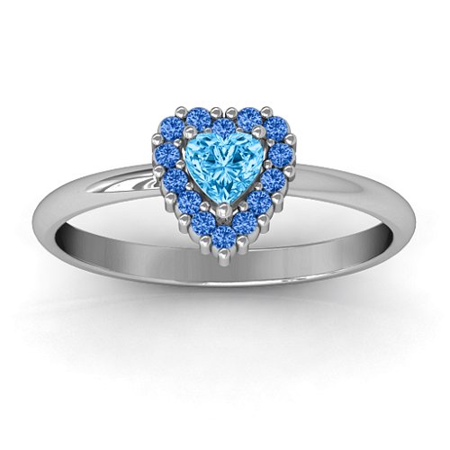Heart with Halo Promise Ring – Sterling Silver with Blue Topaz and Fancy Blue Premium Zirconia