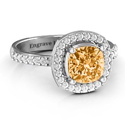 Cushion Cut Statement Ring with Halo in 925 Sterling Silver with Citrine and White Premium Zirconia