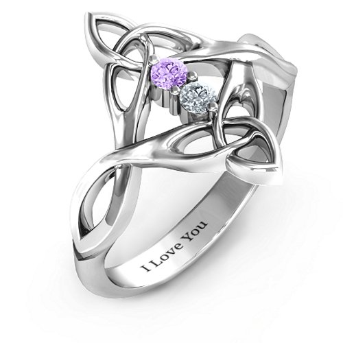 Celtic Sparkle Ring with Interwoven Infinity Band – 10K White Gold with Amethyst and Cubic Zirconia