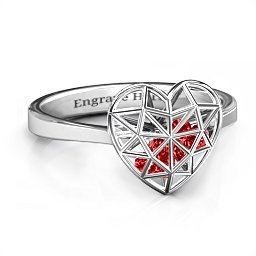 Diamond Heart Cage Ring With Encased Heart Stones in 925 Sterling Silver with Garnet and Ruby