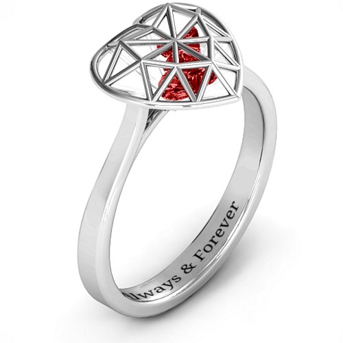Diamond Heart Cage Ring With Encased Heart Stones – Sterling Silver with Garnet