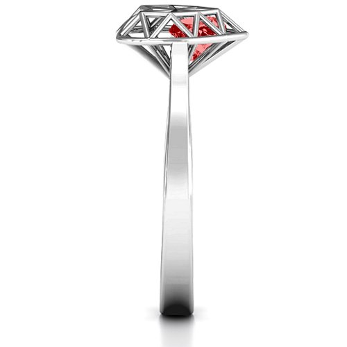 Diamond Heart Cage Ring With Encased Heart Stones – Sterling Silver with Garnet
