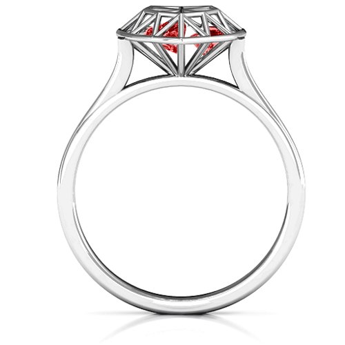 Diamond Heart Cage Ring With Encased Heart Stones – Sterling Silver with Garnet