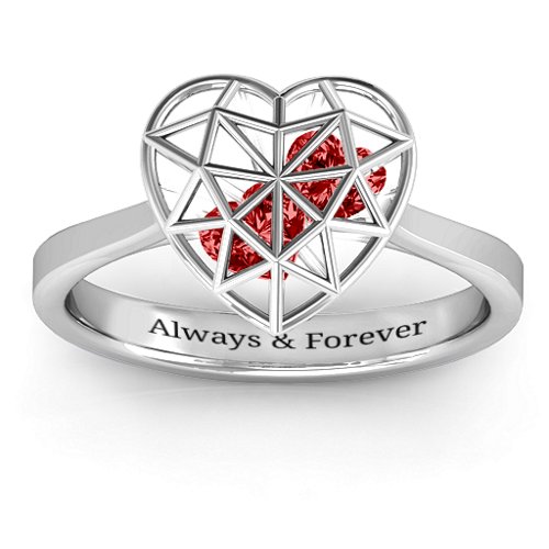 Diamond Heart Cage Ring With Encased Heart Stones – Sterling Silver with Garnet