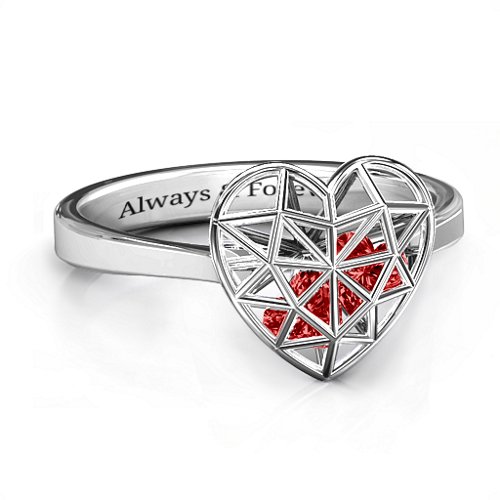 Diamond Heart Cage Ring With Encased Heart Stones – Sterling Silver with Garnet
