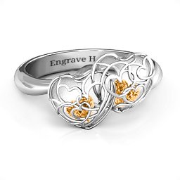 Double Heart Cage Ring with 1-6 Heart Shaped Birthstones in 925 Sterling Silver with Citrine