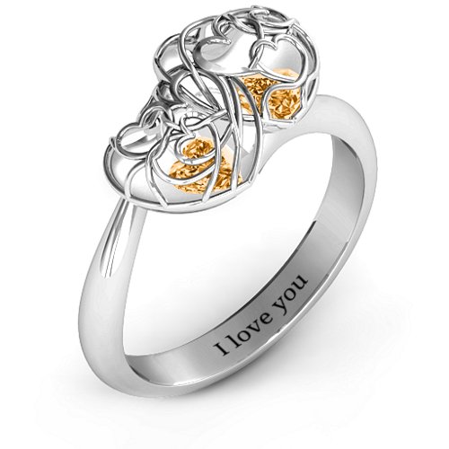 Double Heart Cage Ring with 1-6 Heart Shaped Birthstones – Sterling Silver with Citrine