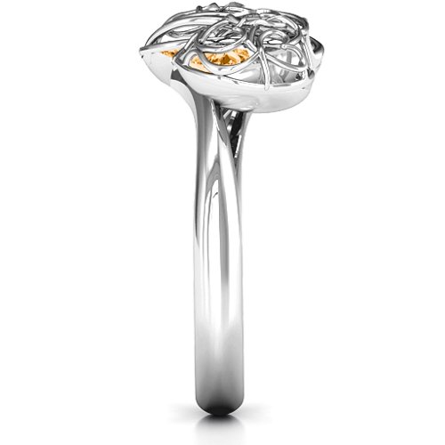 Double Heart Cage Ring with 1-6 Heart Shaped Birthstones – Sterling Silver with Citrine