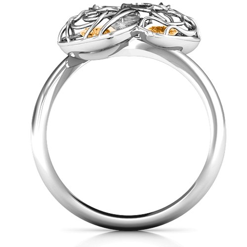 Double Heart Cage Ring with 1-6 Heart Shaped Birthstones – Sterling Silver with Citrine