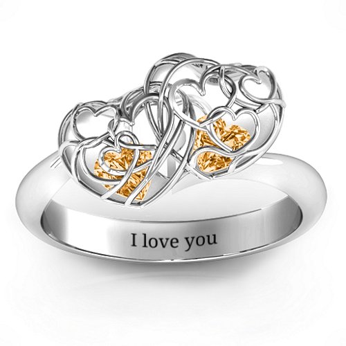 Double Heart Cage Ring with 1-6 Heart Shaped Birthstones – Sterling Silver with Citrine