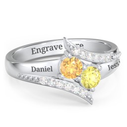 Flared Bypass Ring with Round Gemstones and Accents in 925 Sterling Silver with Citrine and Diamond
