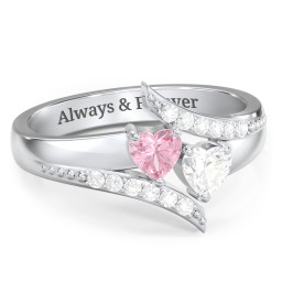 Flared Bypass Ring with Heart Gemstones and Accents in 925 Sterling Silver