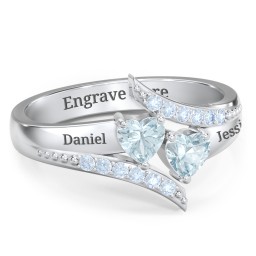 Flared Bypass Ring with Heart Gemstones and Accents in 925 Sterling Silver with Aquamarine and Fancy Blue Premium Zirconia